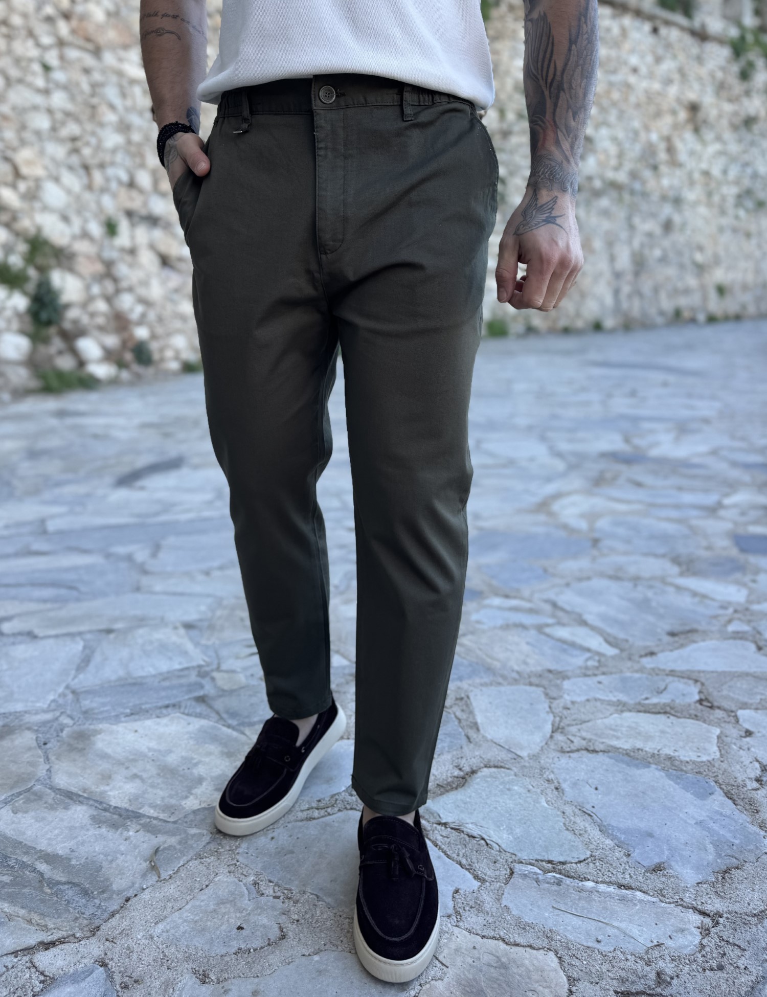 Ανδρικό χακί υφασμάτινο chinos παντελόνι με λάστιχο JR0020X